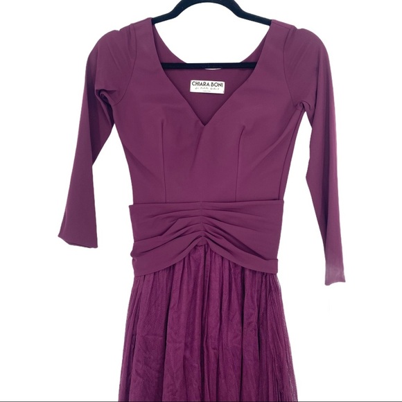 Chiara Boni Liene Illusion Dress Wine Maxi Layered Tulle Sweetheart Neck Size 4 - Picture 4 of 11